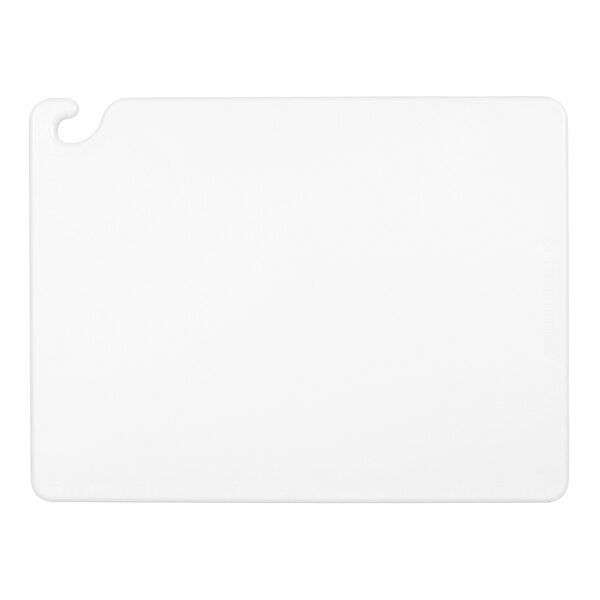 A white rectangular San Jamar cutting board with a hook.