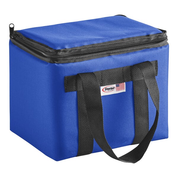 A Sterno Royal Blue nylon insulated delivery food carrier with black straps.