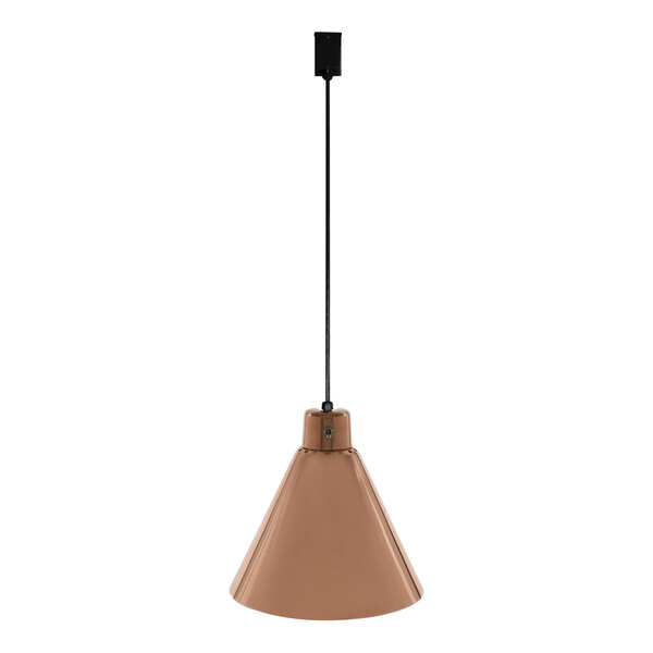 A Hanson Heat Lamps ceiling mount heat lamp with a bright copper finish and track fitting.