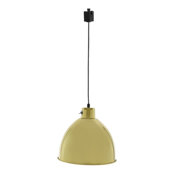 A brass Hanson Heat Lamp hanging from a black cord over a table.