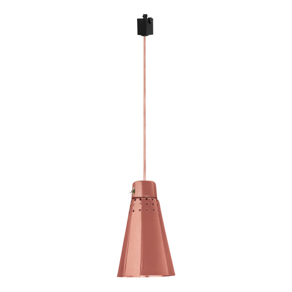 A Hanson Heat Lamps bright copper pendant with a rigid stem mount.