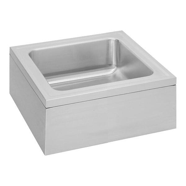 A silver square Zurn Elkay stainless steel floor-mount service sink with a square bottom.