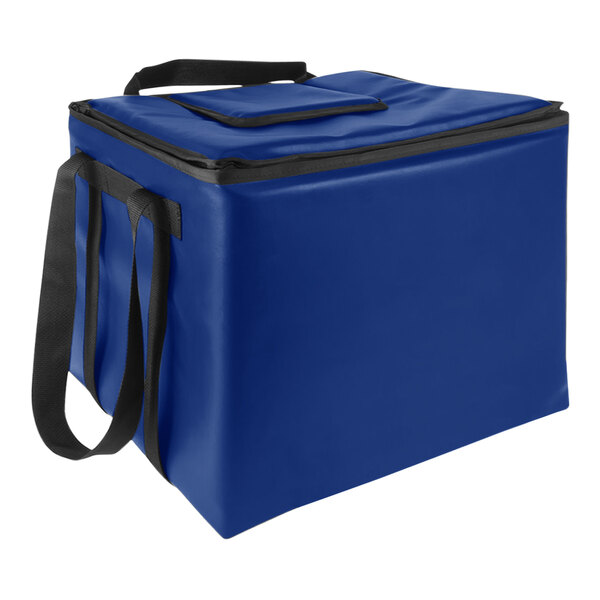 A Sterno royal blue vinyl insulated milk crate bag with black straps.