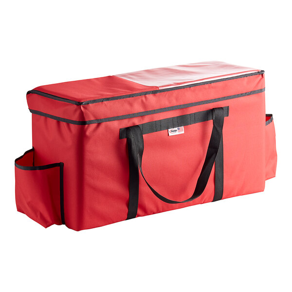 A red Sterno insulated food carrier with black straps and trim.
