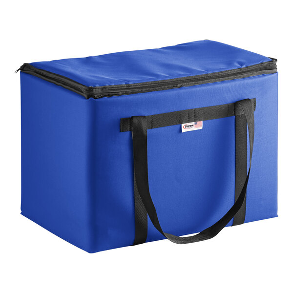 A Sterno Royal Blue nylon insulated food carrier with black straps.