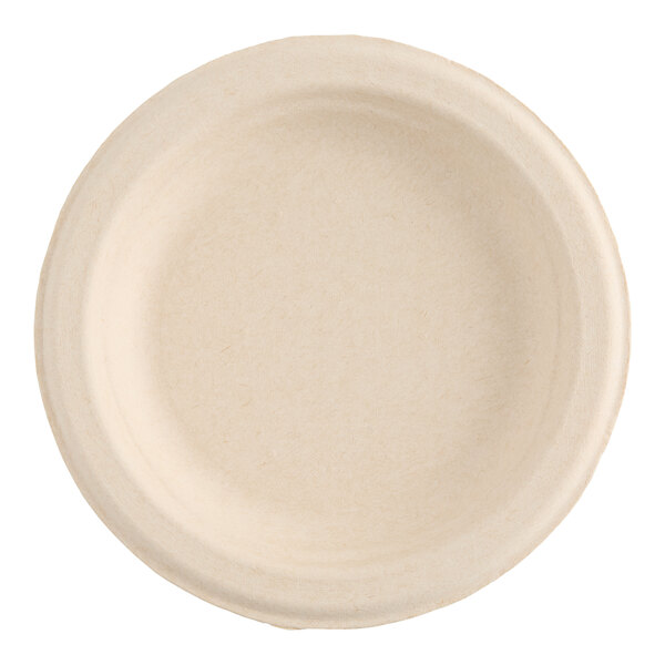 A close-up of a Dart ProPlanet round fiber plate with a round edge and a beige rim.