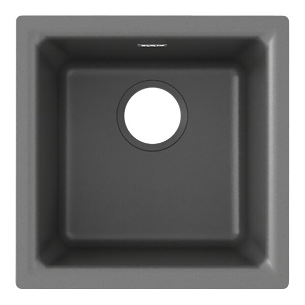 A Zurn Elkay Quartz Classic square dusk gray quartz bar sink with a white circle in the center.
