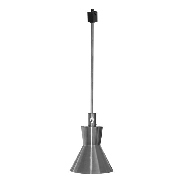A Hanson Heat Lamps stainless steel ceiling mount heat lamp with a pole.