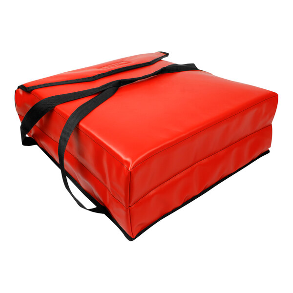 A red Sterno pizza carrier with black straps.