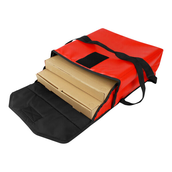 A red and black Sterno pizza carrier bag with pizza boxes inside.