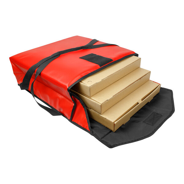 A red Sterno insulated pizza carrier with several pizza boxes inside.