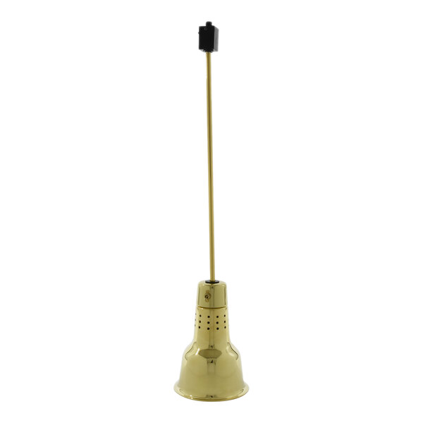 A Hanson Heat Lamp with a brass finish on a long yellow pole.