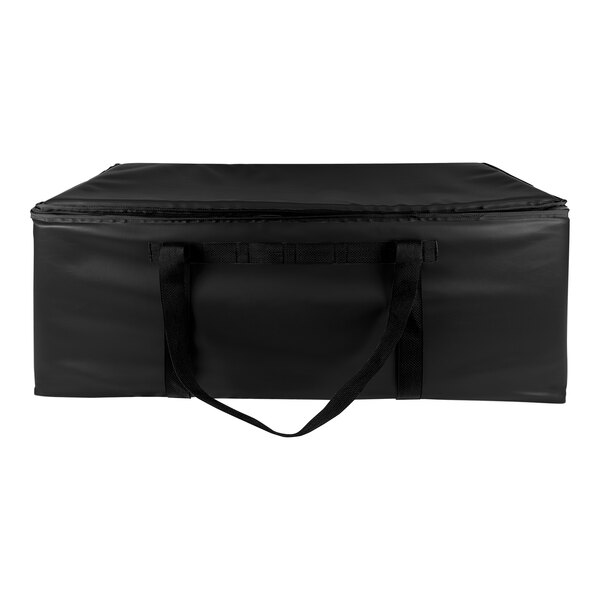 A black insulated Sterno pizza carrier bag with straps.