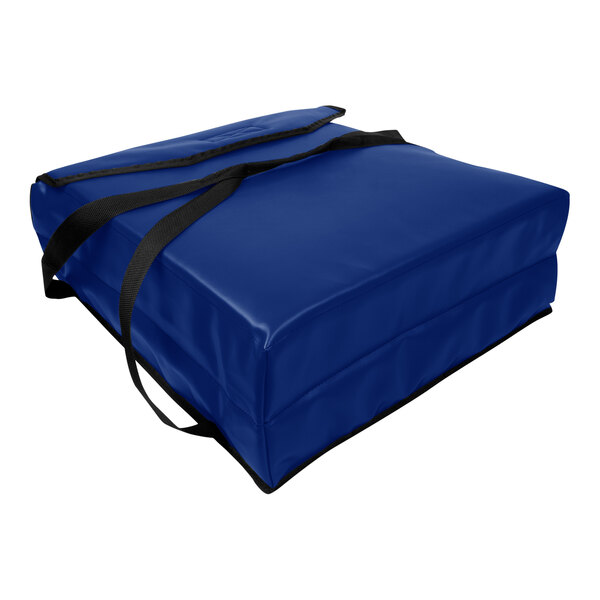 A blue Sterno insulated pizza carrier with black straps.