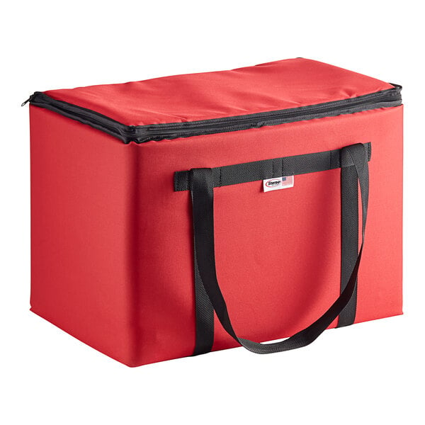 A red nylon insulated food carrier with black straps.