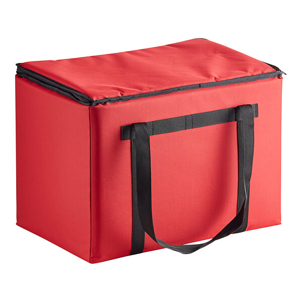 A red nylon insulated catering food carrier with black straps.