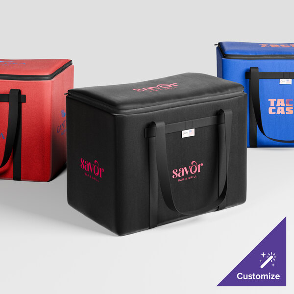 A red Sterno cooler bag with a white box.