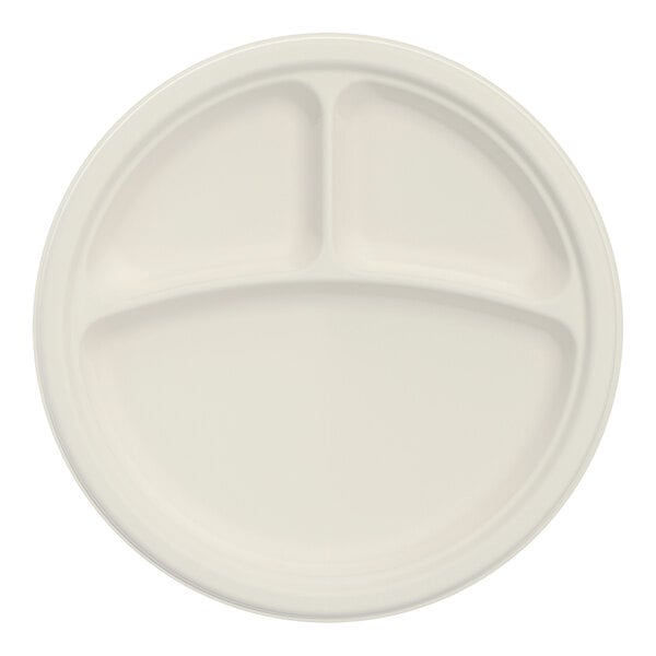 A white Dart round fiber plate with three compartments.