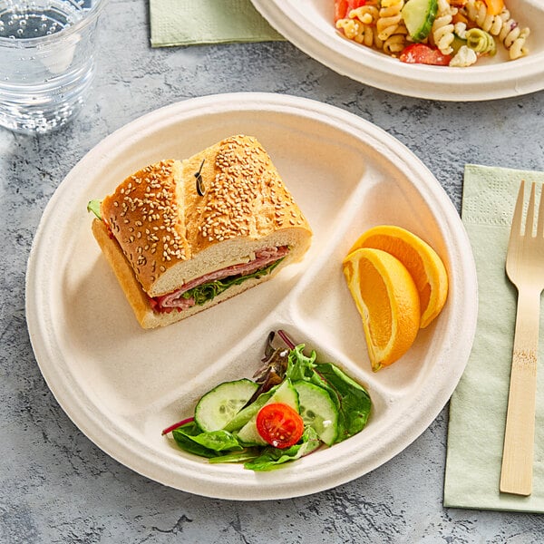 A Dart round fiber plate with a sandwich and salad on it.
