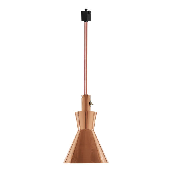A Hanson copper ceiling mount heat lamp with a long copper pipe.