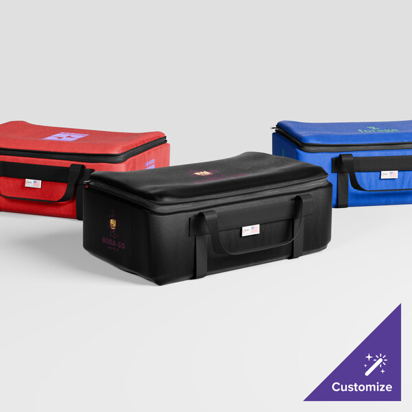 A red Sterno catering food carrier with a black logo.