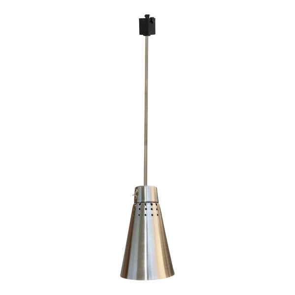 A Hanson Heat Lamps stainless steel rigid stem mount hanging heat lamp.