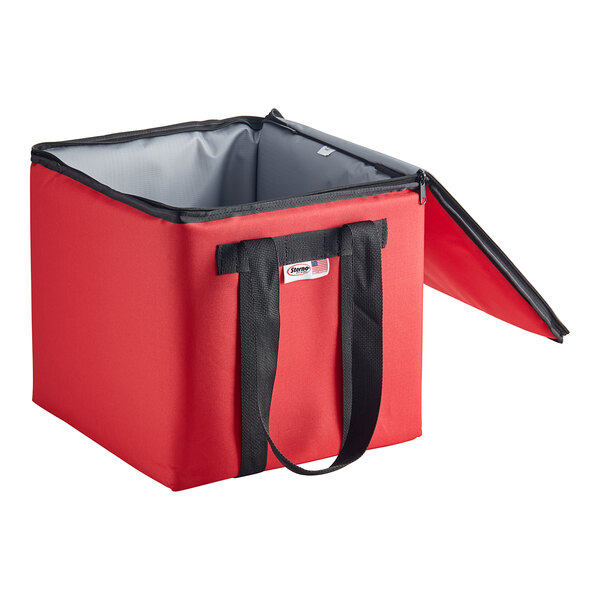 A red and black Sterno insulated delivery food carrier.