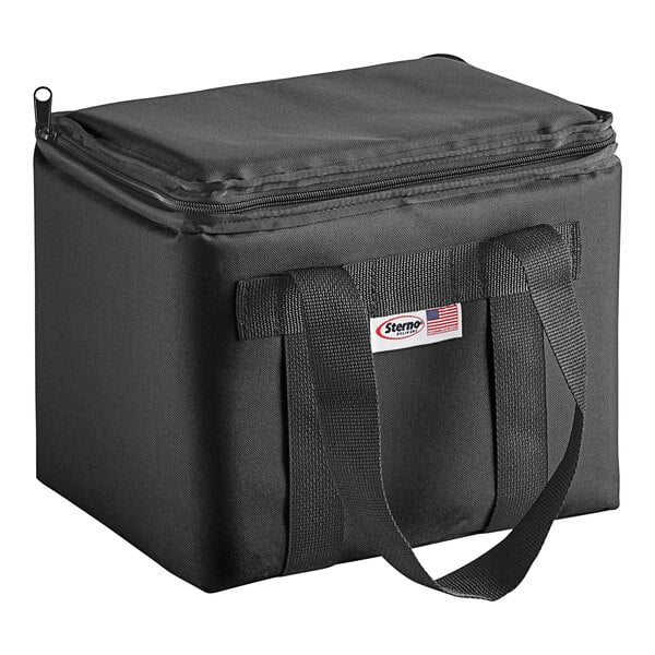 A Sterno small black nylon insulated delivery food carrier with a strap.