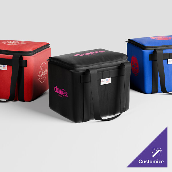 A black Sterno insulated delivery food carrier with pink and blue writing.