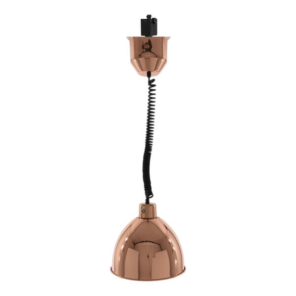 A Hanson Heat Lamps bright copper hanging heat lamp with a retractable cord.