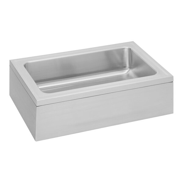 A Zurn Elkay stainless steel rectangular floor-mount service sink.