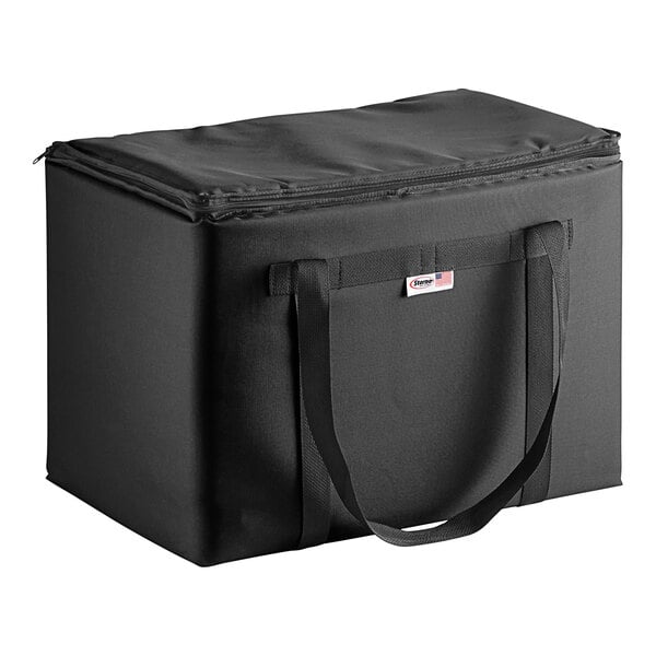 A Sterno black nylon insulated food carrier with handles and straps.