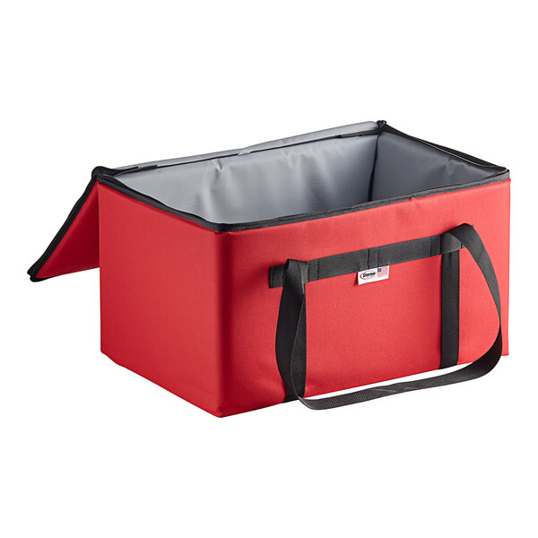 A large red nylon insulated food carrier with a black handle.