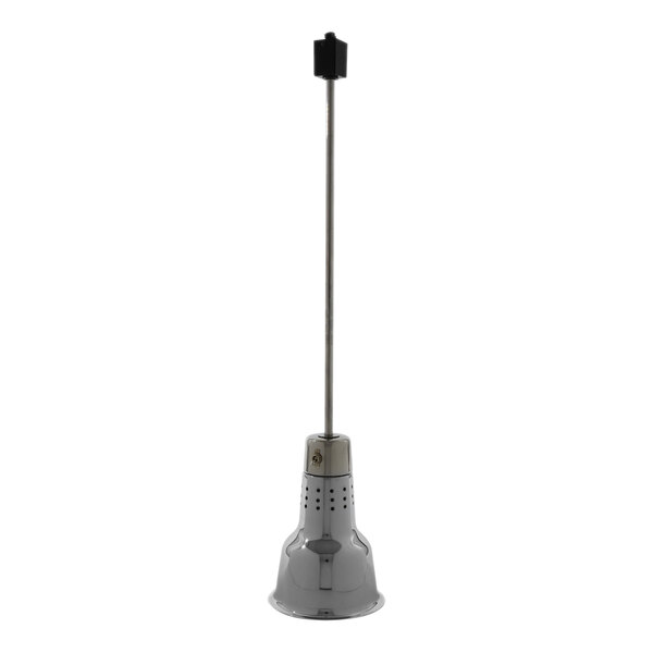 A Hanson Heat Lamps ceiling mount heat lamp with a chrome finish and black track fitting.