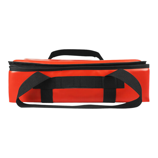 A red bag with black straps.
