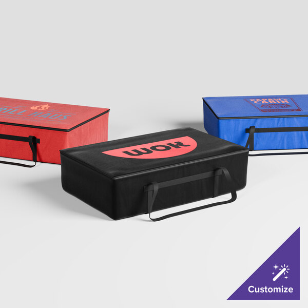 A red box with a black strap and blue text that reads "Sterno Customizable"