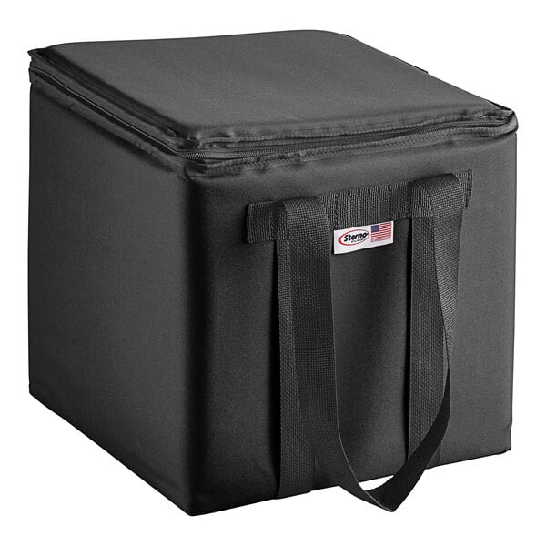 A black cooler bag with a strap.