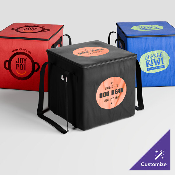 A black nylon insulated Sterno catering food carrier with a blue and black logo.