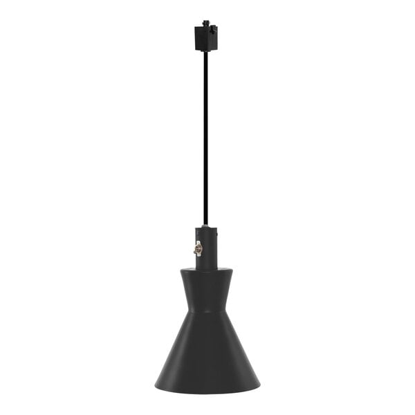 A black cone-shaped heat lamp with a long black pole.