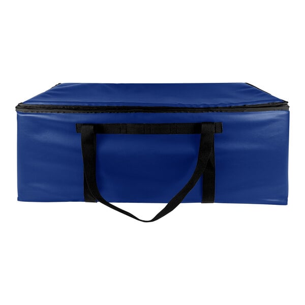 A blue bag with black straps.