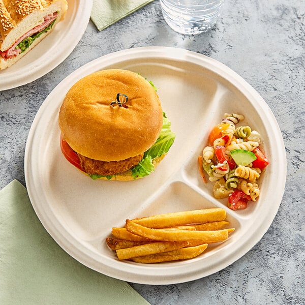 A Dart ProPlanet round fiber plate with a sandwich and french fries on it.