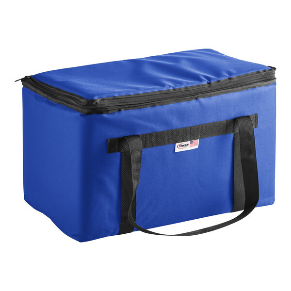 A Sterno Royal Blue insulated food delivery bag with black straps.