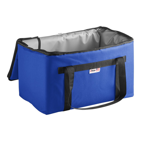A blue and grey Sterno insulated food delivery carrier with a black handle.