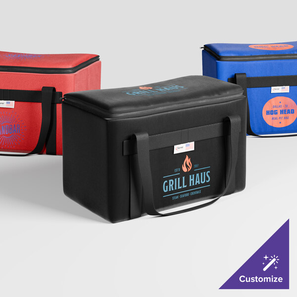 A close-up of a royal blue Sterno insulated food delivery carrier bag.