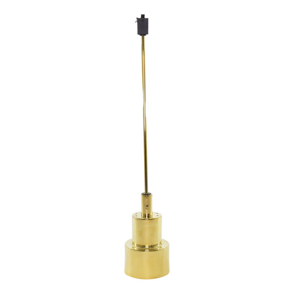 A Hanson brass ceiling mount heat lamp with a black pole.