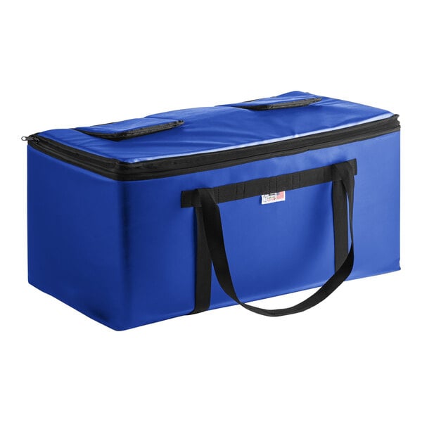 A blue cooler bag with black straps.