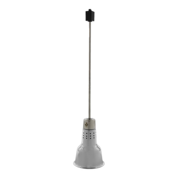 A pole with a Hanson Heat Lamps stainless steel heat lamp on it.