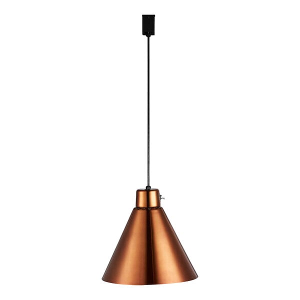 A copper cone shaped Hanson Heat Lamp with a black track fitting.