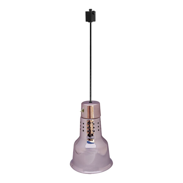 A Hanson Heat Lamps ceiling mount heat lamp with a chrome finish and black cord.