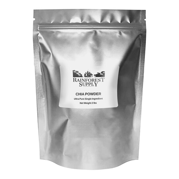 A silver bag of Rainforest Supply Chia Powder with a white label.